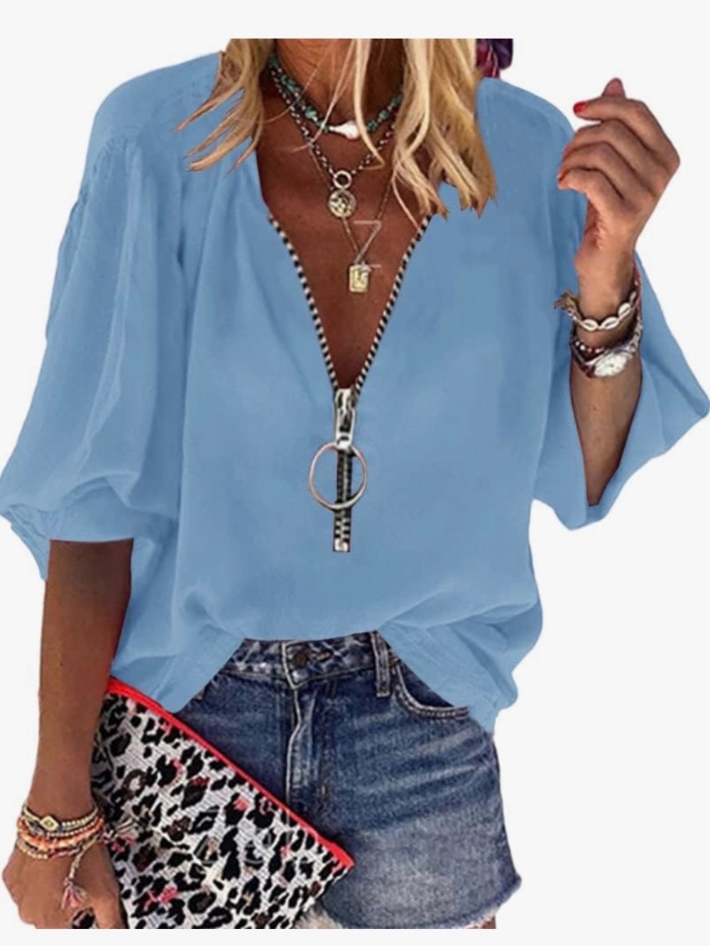 Cnkwei Women’s Blue VNeck Lantern Sleeve Blouse Zipper Design Loose Casual Shirt